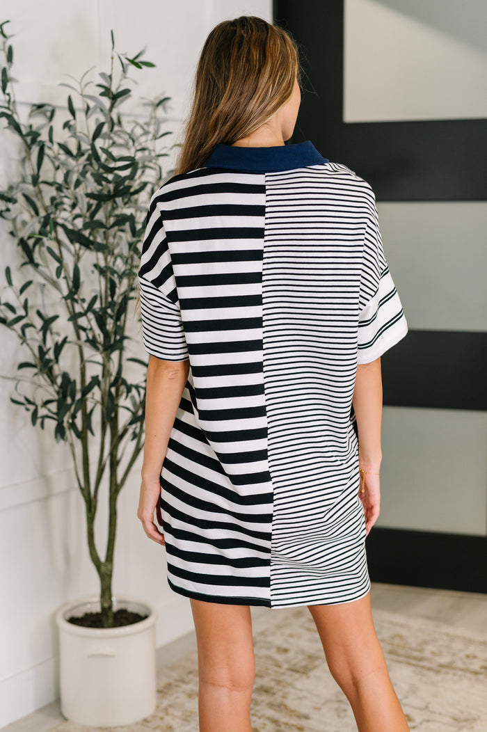 Everlasting Love Striped Collared Dress in Black and Navy Knee Length Dress Ave Shops- Tilden Co.