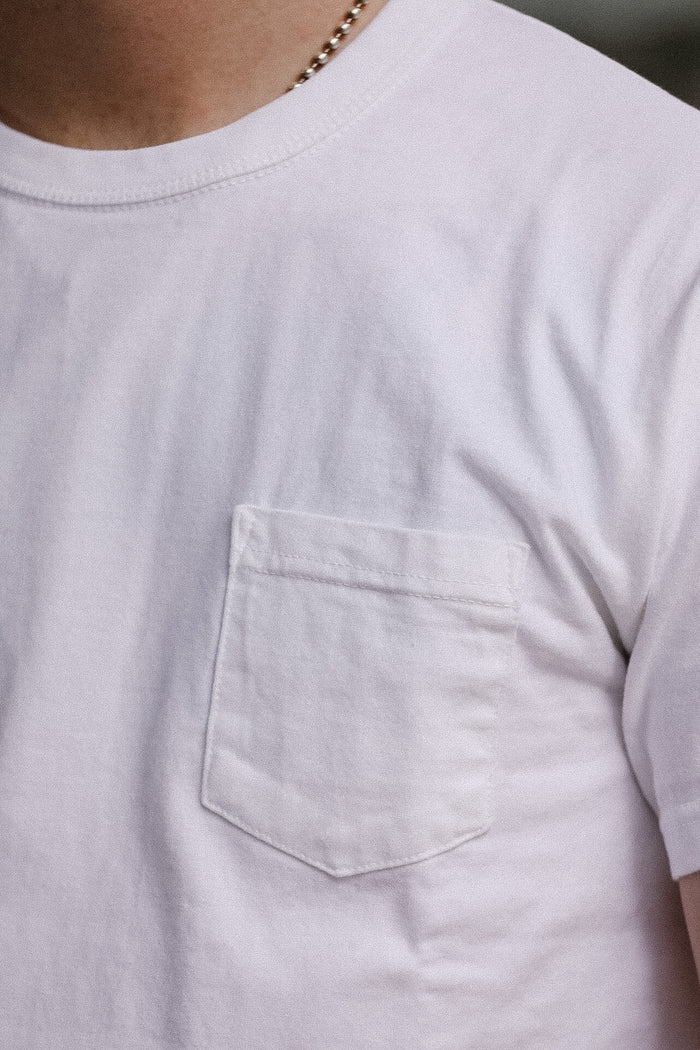Close-up of a light gray t-shirt with a pocket