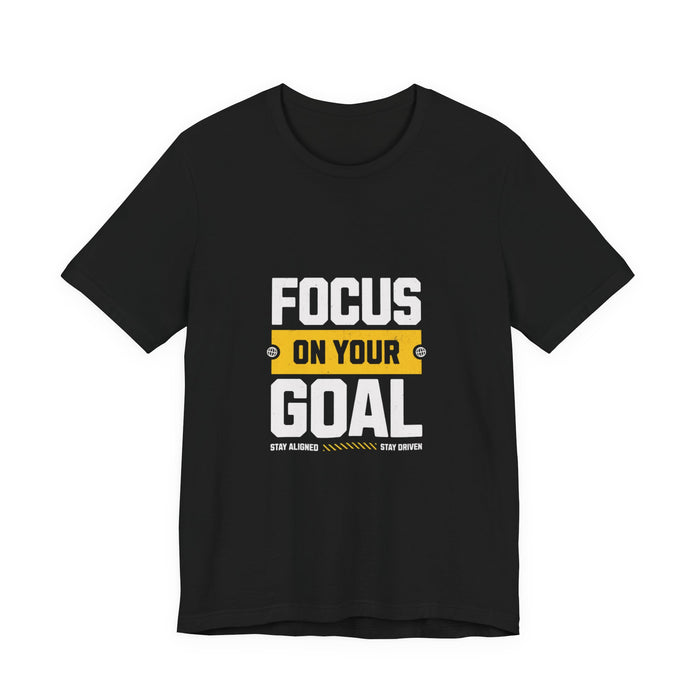 men black t-shirt with white and yellow text  written" focus on your goal" and t shirt on a white background | AH Urban Wear PK