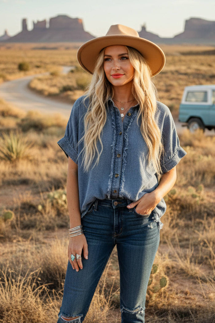 Frayed Denim Button Up Small Small Shirts & Tops Sewn and Seen- Tilden Co.