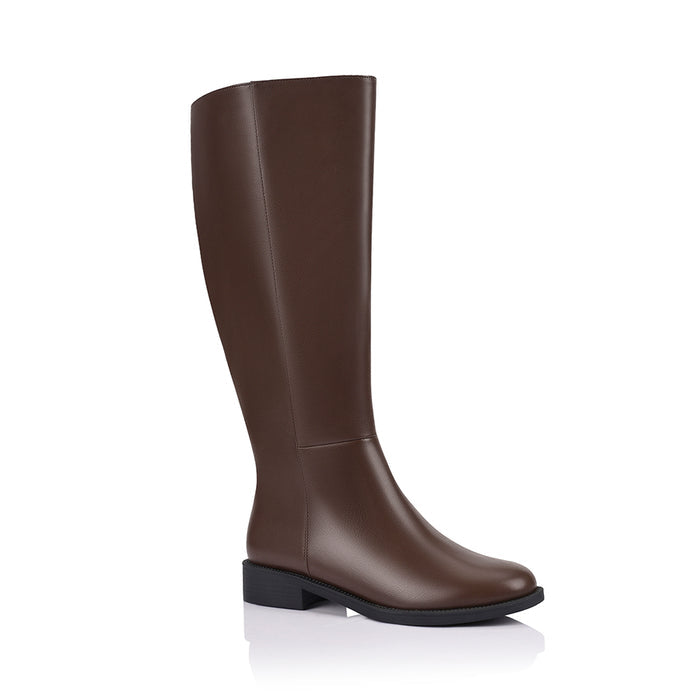 Brown knee high boot with a wide calf shaft