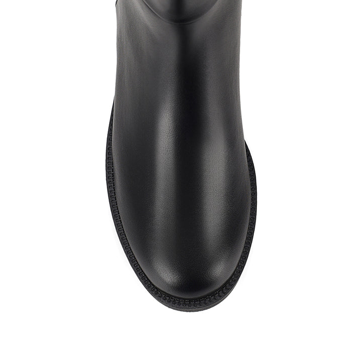 Women's knee high flat riding boots with elastic gusset and gold buckle detail