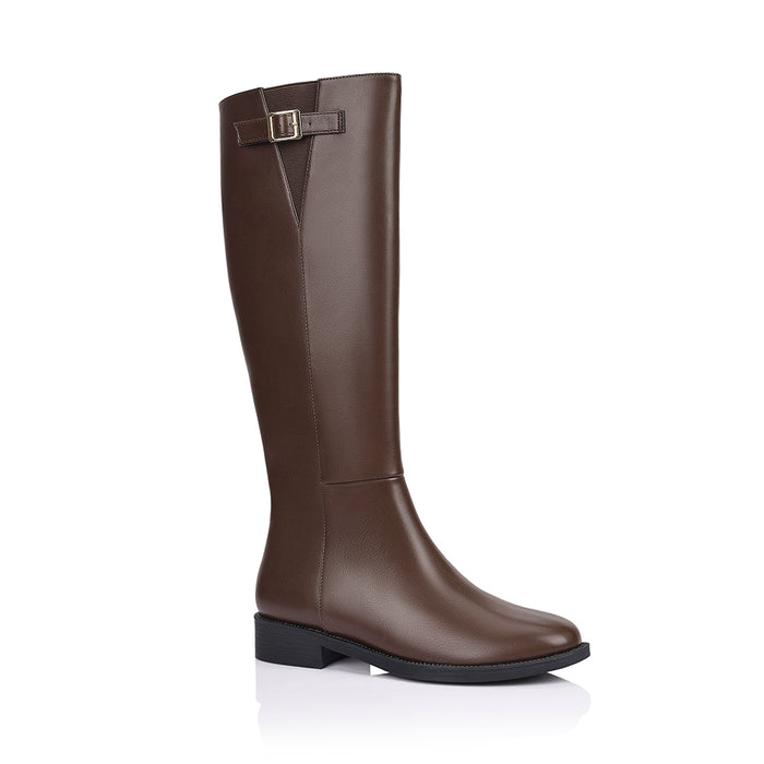 Women's knee high flat riding boots with elastic gusset and gold buckle detail