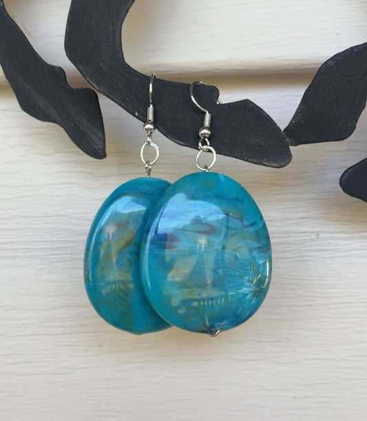 Giant Teal & Brown Marbled Drop Earrings