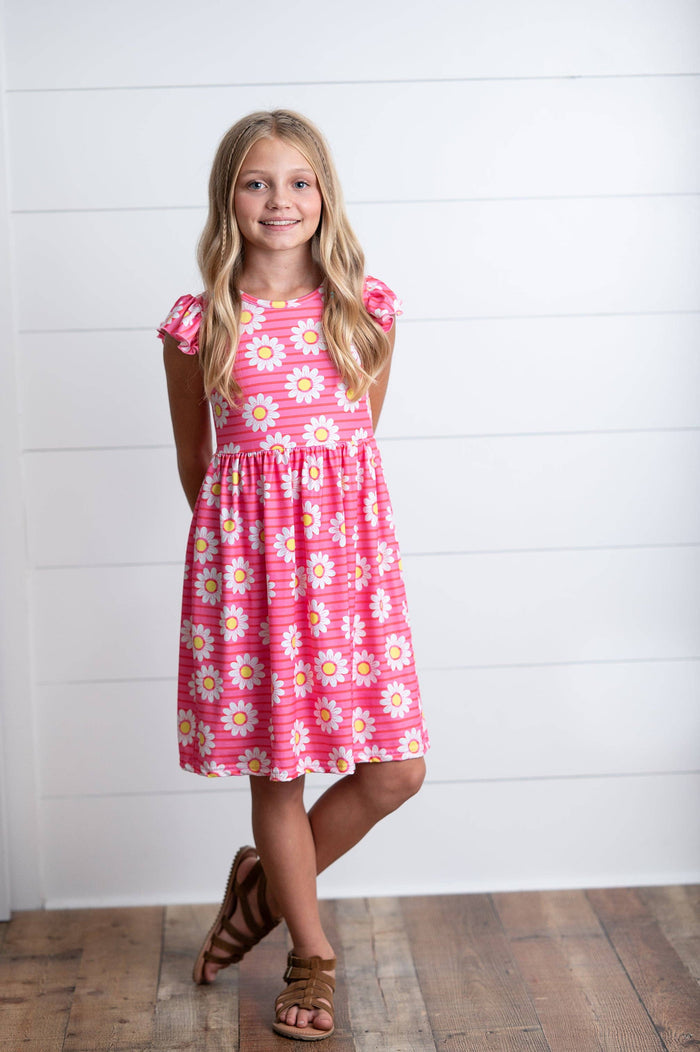 Girl's - Hot Pink Daisy Flutter Dress 2 2 Girl's Dress Adorable Sweetness- Tilden Co.