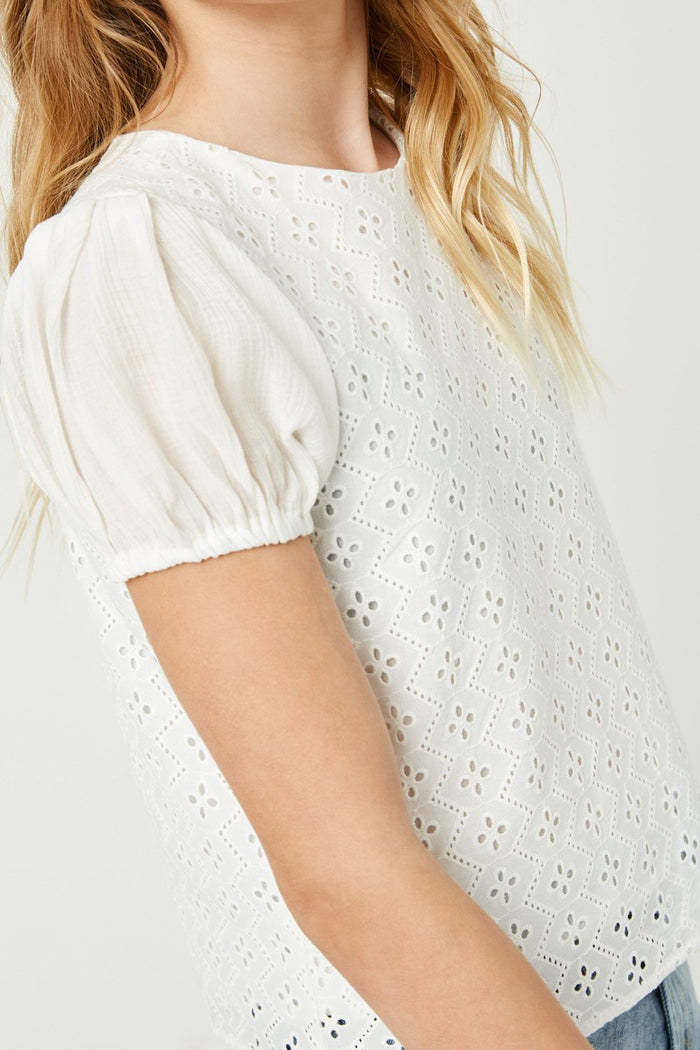 Girls Honeycomb Eyelet Contrast Sleeve Top T-Shirt Hayden LA- Tilden Co.