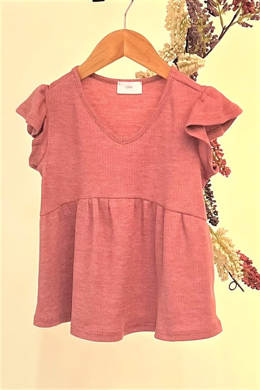 Girls V-Neck Babydoll Ruffled Sleeve Top - Berry T-Shirt 12 PM by Mon Ami- Tilden Co.
