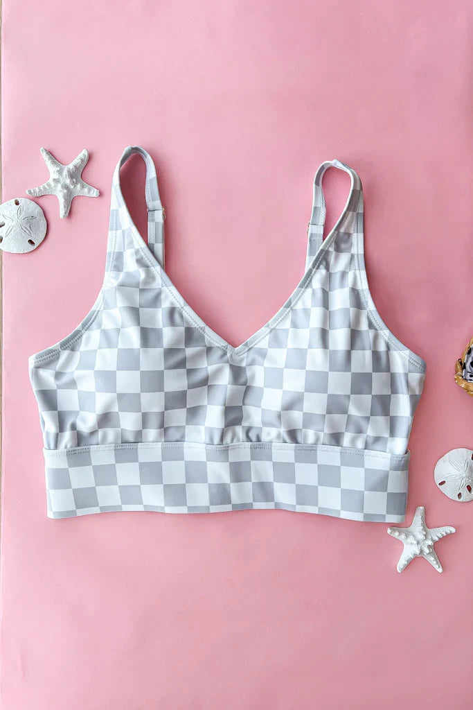 Grey & White Checkered Swim Top Swim Crop Top Mack and Mal- Tilden Co.