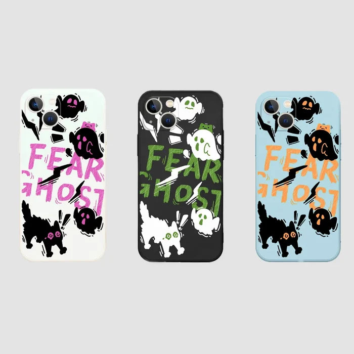 Three Halloween cases: ghost, cat, and lightning designs in white, black, and blue. Spooky season gift.