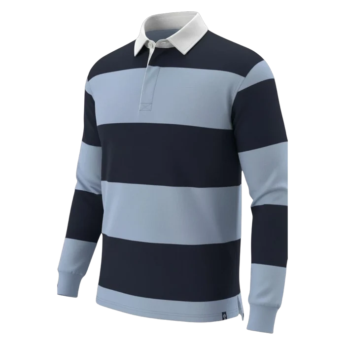 Withernot Hatteras Rugby Shirt in navy and washed blue stripes, long sleeves, white collar, and button placket.