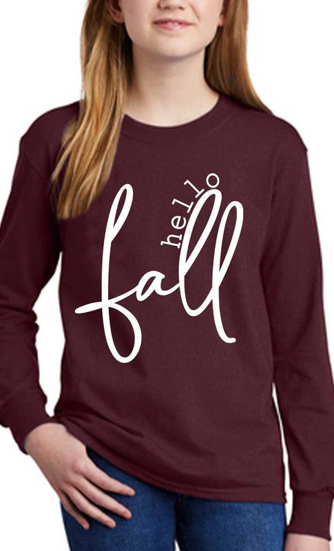 Hello Fall Youth Graphic Long Sleeve Tee - Final Sale Long Sleeve Top Kids Kissed Apparel- Tilden Co.