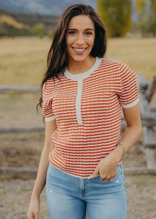 Henley Knit Sweater in Cinnamon Stripe T-Shirt Mikarose- Tilden Co.
