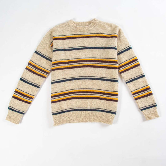 Jacquard Sweater - Horizontal Navy, Yellow, and Plum Stripe Crewneck