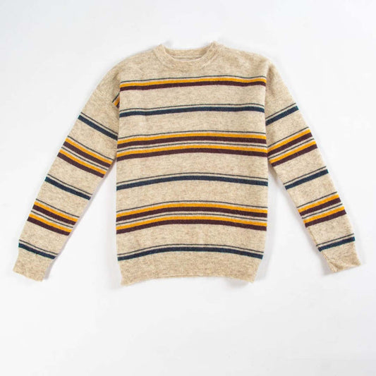 Jacquard Sweater - Horizontal Navy, Yellow, and Plum Stripe Crewneck