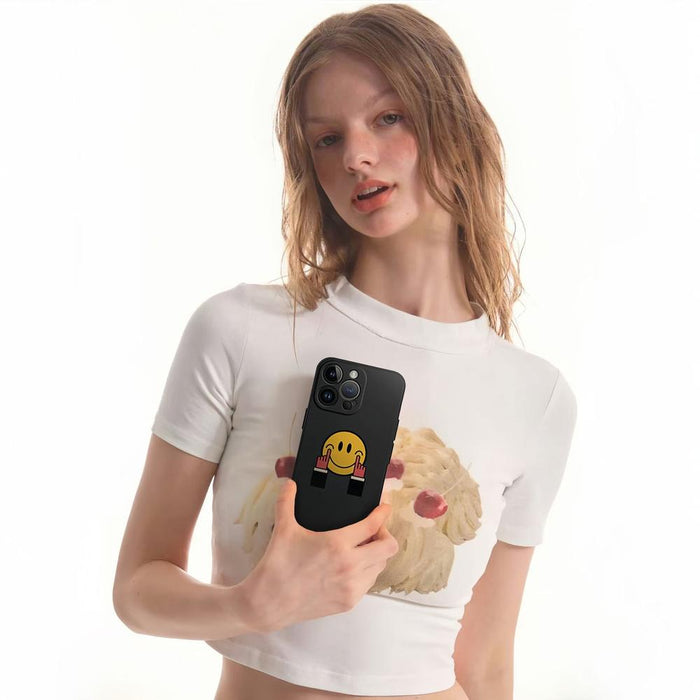 Model holding black Keep Smiling Case. Minimalist graphic on a durable frame, ideal for school or work.