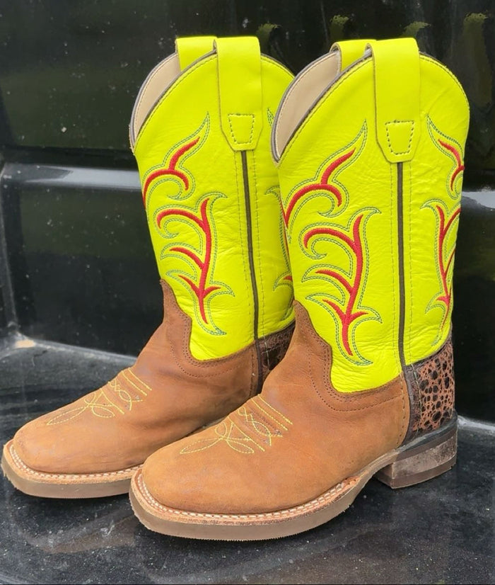 Kids Old West Lime Green Square Toe Boots