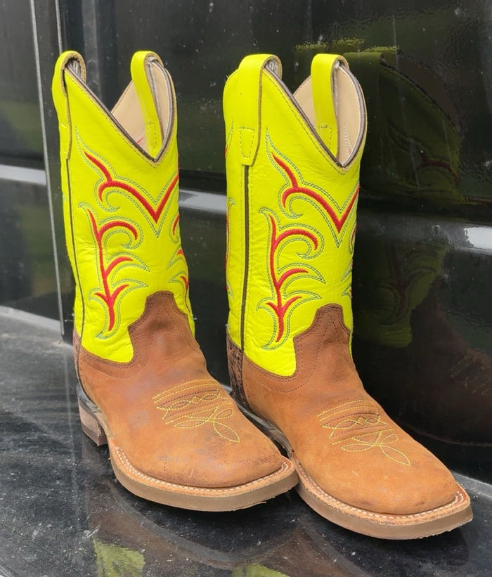 Kids Old West Lime Green Square Toe Boots