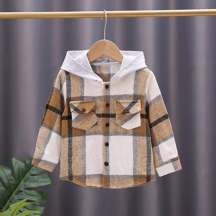 KIDS Plaid Hooded Shacket- Final Sale Brown / 18/24 Mo Brown 18/24 Mo Shacket Mehers the Label- Tilden Co.