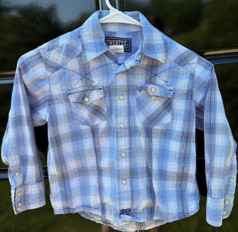 Kid's Twenty X By Wrangler - Blue & White Plaid Stitched Pearl Snap
