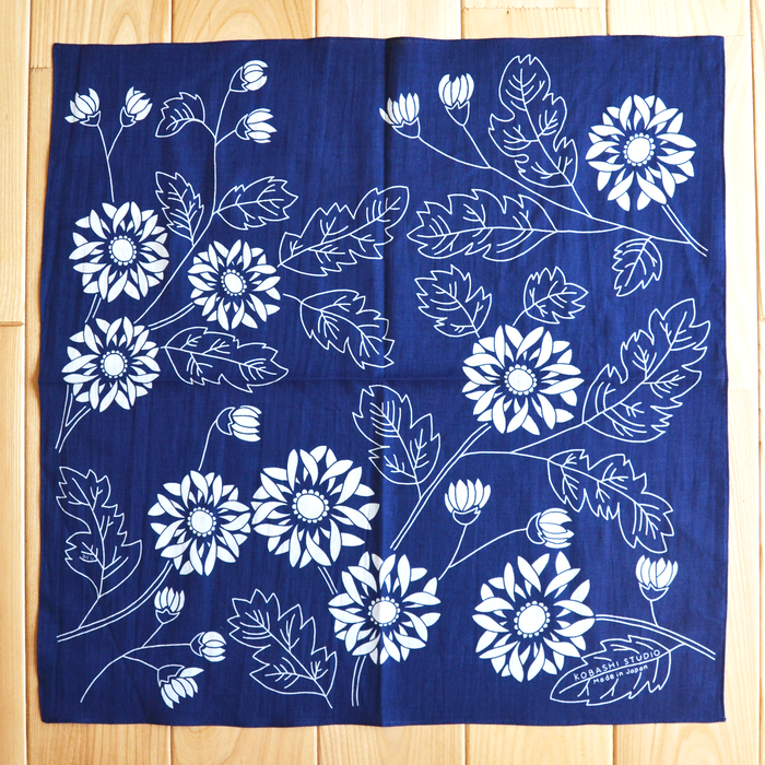 Kobashi Studio BN53IN Japanese Chrysanthemum Bandana- Indigo