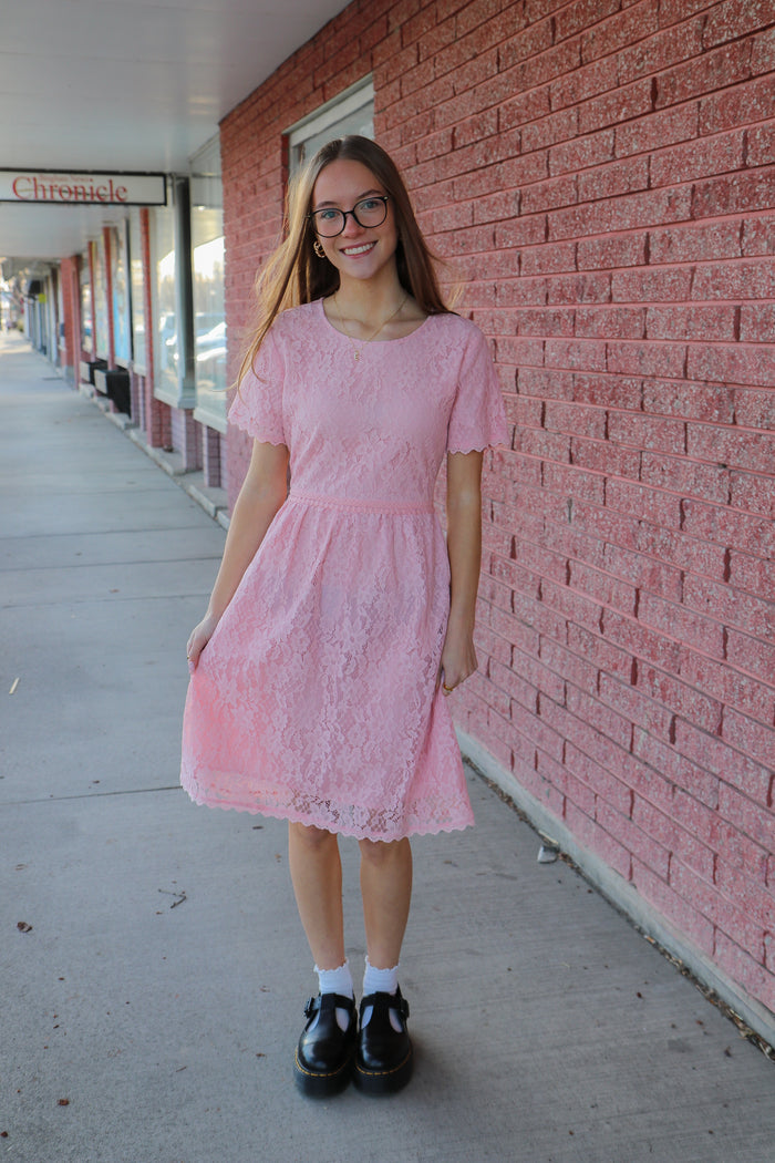 Laced in Grace Dress Knee Length Dress Tea n Rose- Tilden Co.