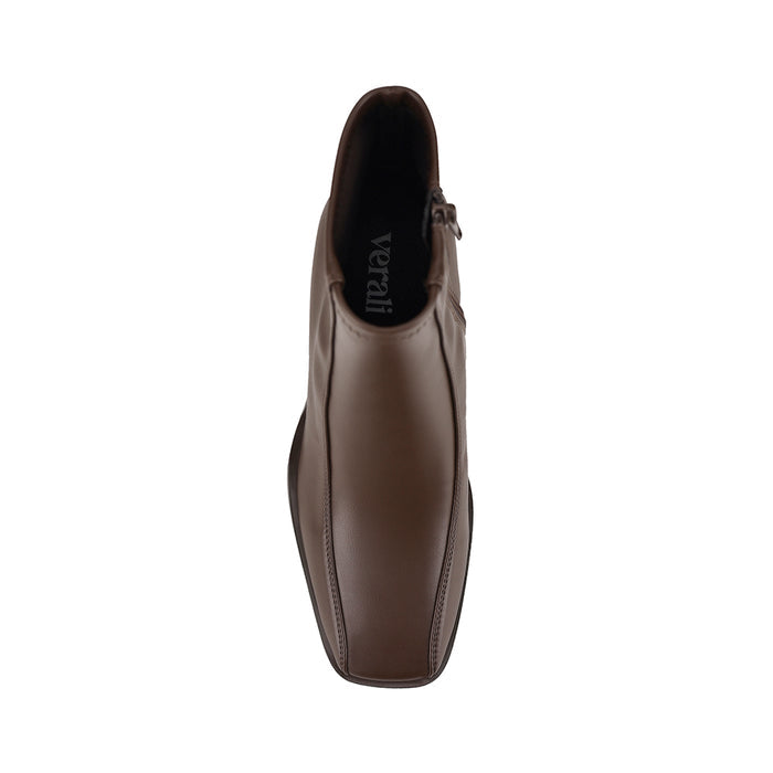 Brown ankle boot with a block heel with a square toe shape and zip closure