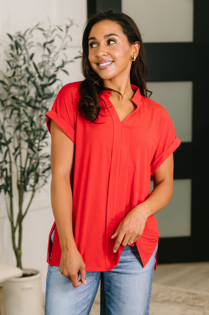 Lizzy Bloom Split Neck Blouse in Red Womens Ave Shops- Tilden Co.