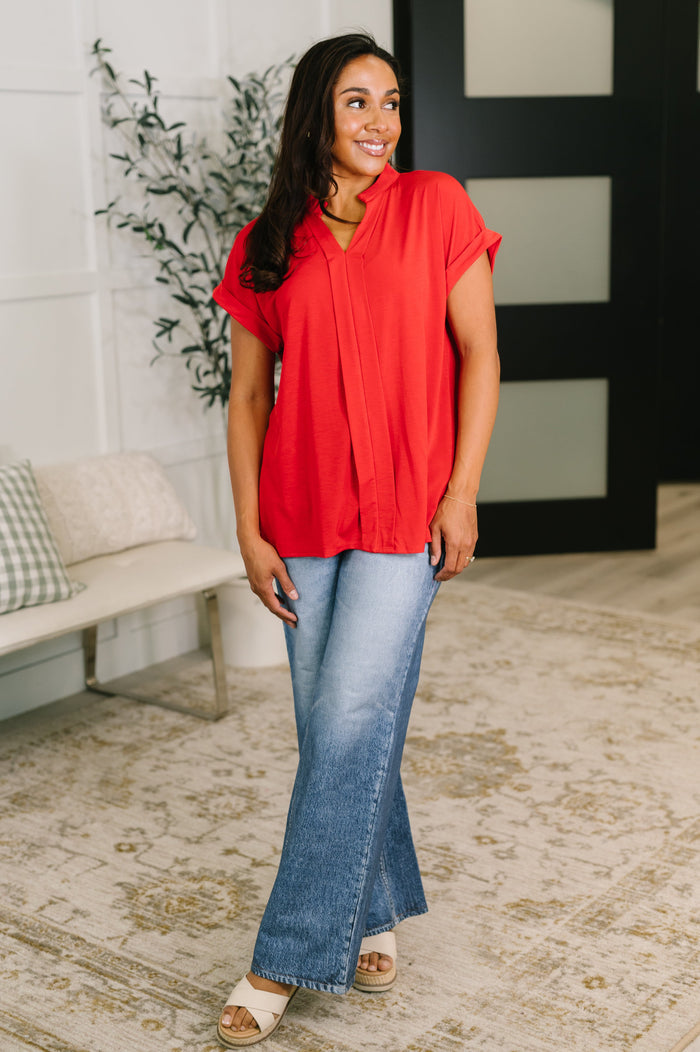 Lizzy Bloom Split Neck Blouse in Red Womens Ave Shops- Tilden Co.