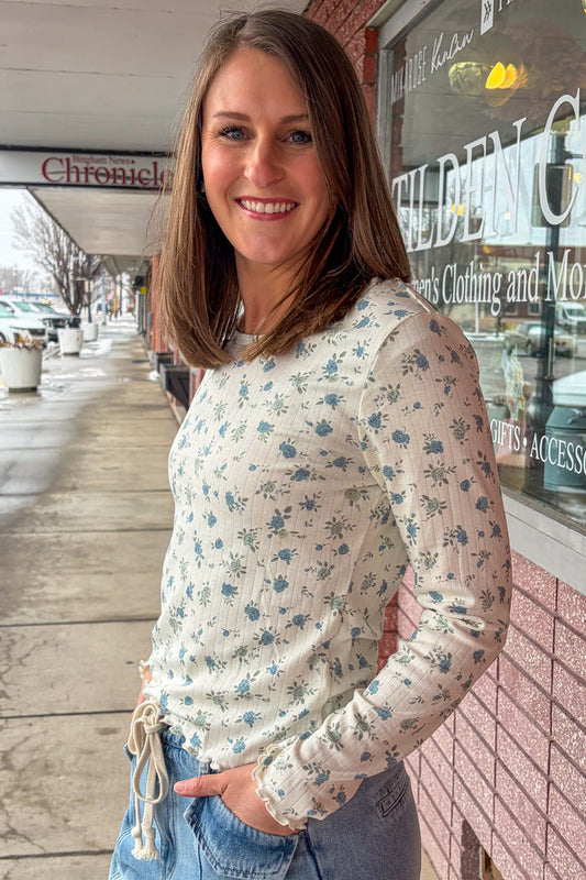 Long Sleeve Ribbed Tee in Eucalyptus Sky Long Sleeve Top Mikarose- Tilden Co.