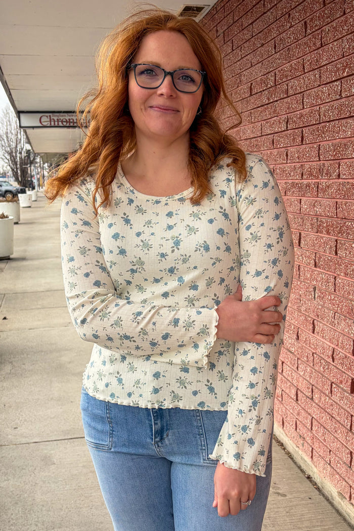 Long Sleeve Ribbed Tee in Eucalyptus Sky Long Sleeve Top Mikarose- Tilden Co.