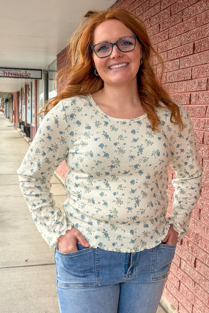 Long Sleeve Ribbed Tee in Eucalyptus Sky Long Sleeve Top Mikarose- Tilden Co.