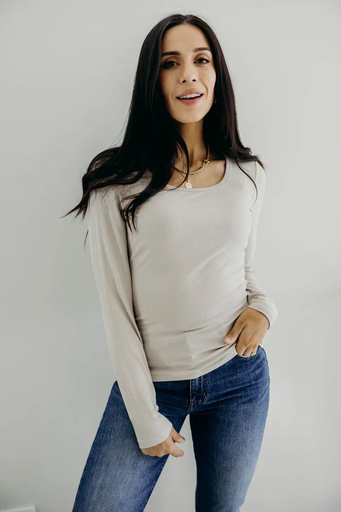 Long Sleeve Scoop Tee in Sand Long Sleeve Top Mikarose- Tilden Co.