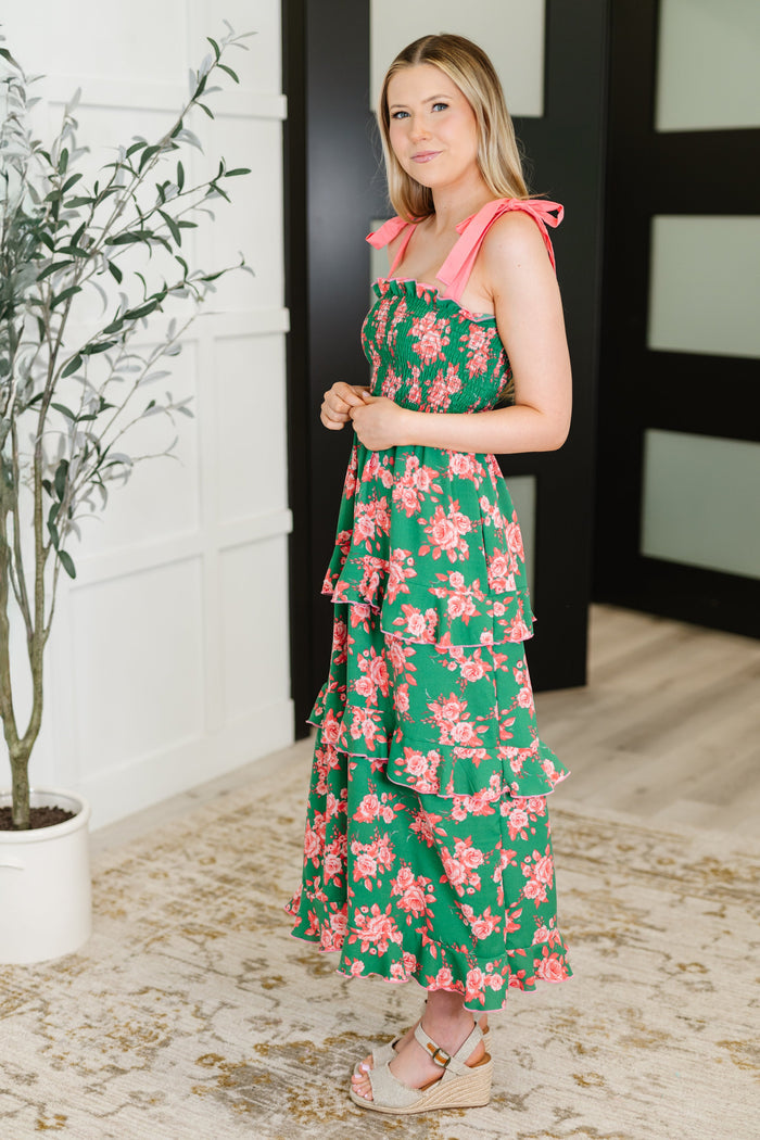 Low Effort, High Impact Tiered Dress in Green/Coral Maxi Dress Ave Shops- Tilden Co.