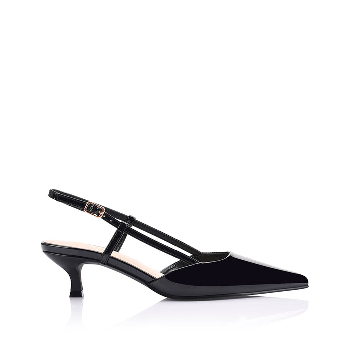 Women's black patent kitten heel slingback with pointed toe