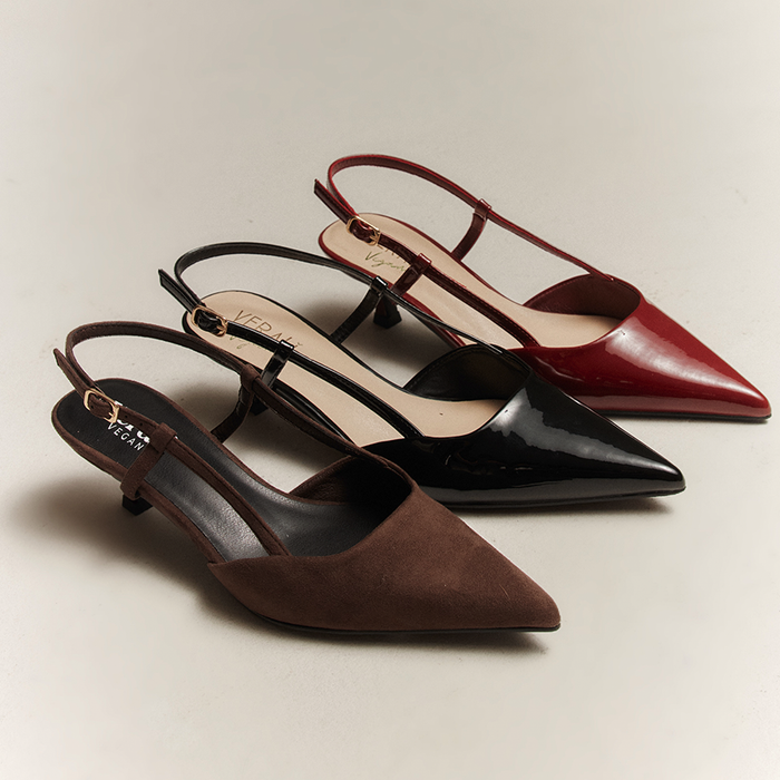 Lucas Slingback Kitten Heels - Black Patent