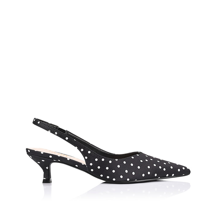 Lush Slingback Kitten Heels - Black Polka Dot Satin