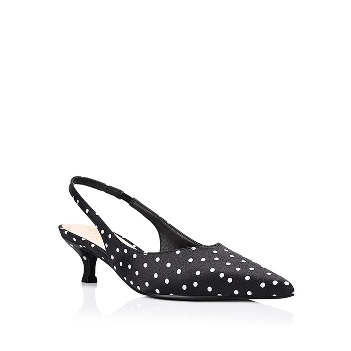 Lush Slingback Kitten Heels - Black Polka Dot Satin