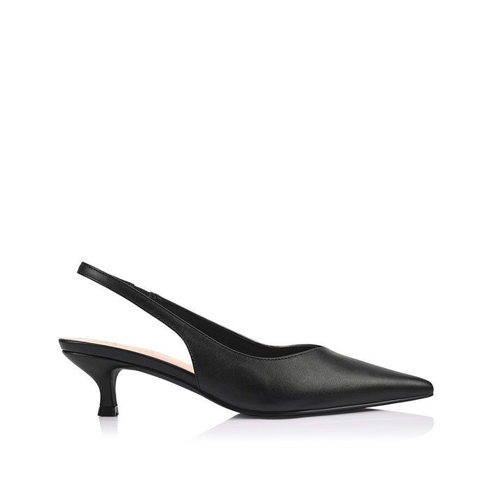 Women's black vegan slingback kitten heel with pointed toe and elastic fastening