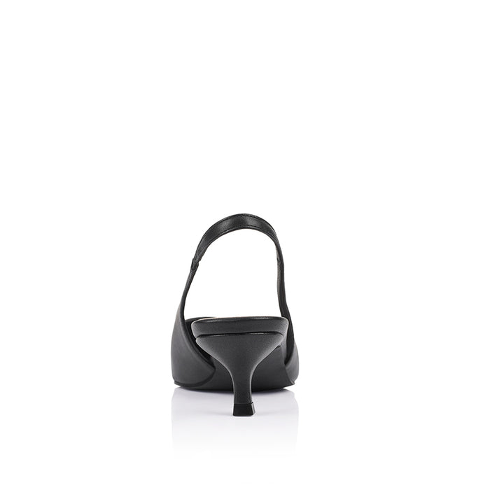 Women's black vegan slingback kitten heel with pointed toe and elastic fastening