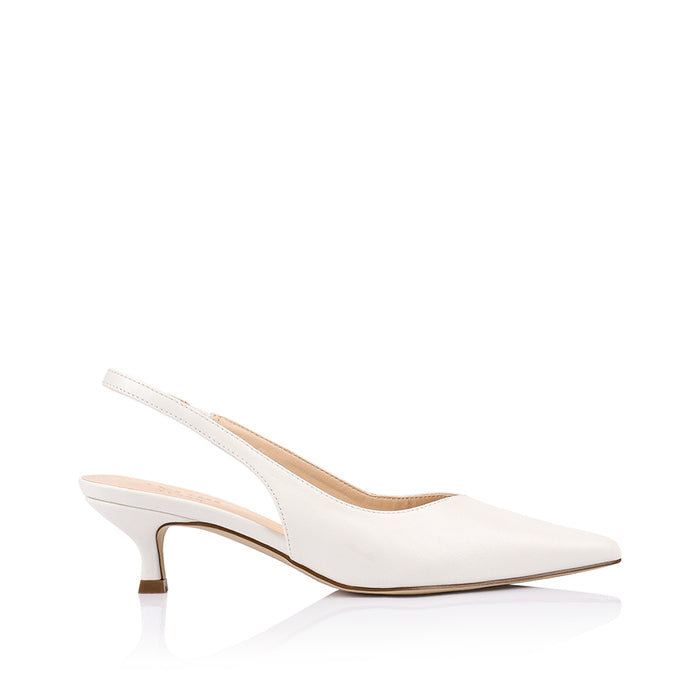 Women's chalk white vegan slingback kitten heel with pointed toe and elastic fastening