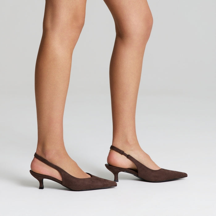 Lush Slingback Kitten Heels - Chocolate Brown Micro