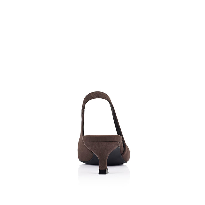 Women's chocolate brown microsuede vegan slingback kitten heel with pointed toe and elastic fastening