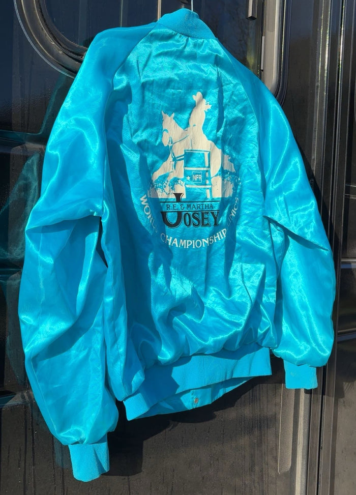 Martha Josey Barrel Clinic Baby Blue Satin Bomber Jacket