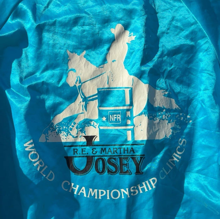 Martha Josey Barrel Clinic Baby Blue Satin Bomber Jacket