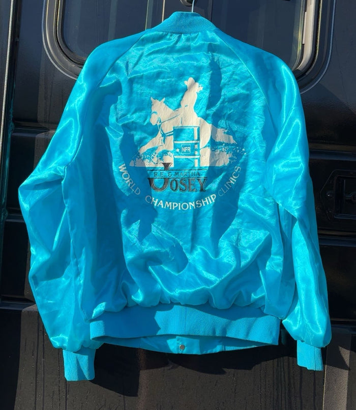 Martha Josey Barrel Clinic Baby Blue Satin Bomber Jacket