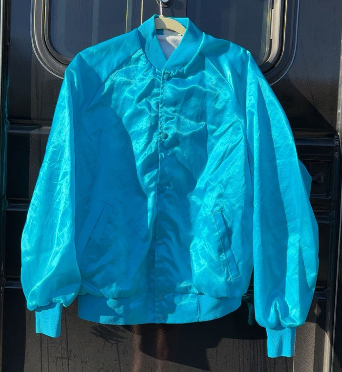 Martha Josey Barrel Clinic Baby Blue Satin Bomber Jacket