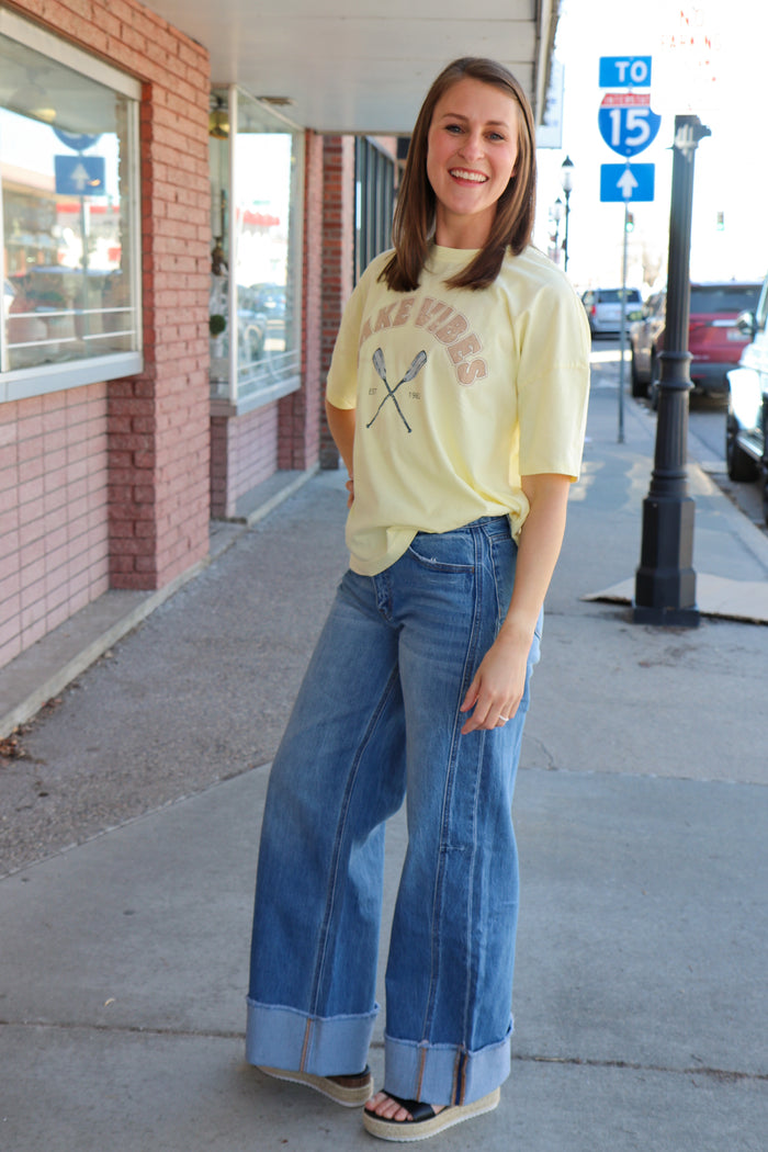 Medium Wash Cuffed Wide Leg Jeans Jeans VERVET by FLYING MONKEY- Tilden Co.