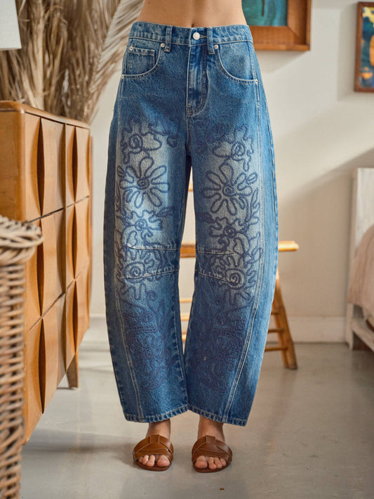Medium Wash Embroidered Barrel Jeans Jeans Aaron & Amber- Tilden Co.