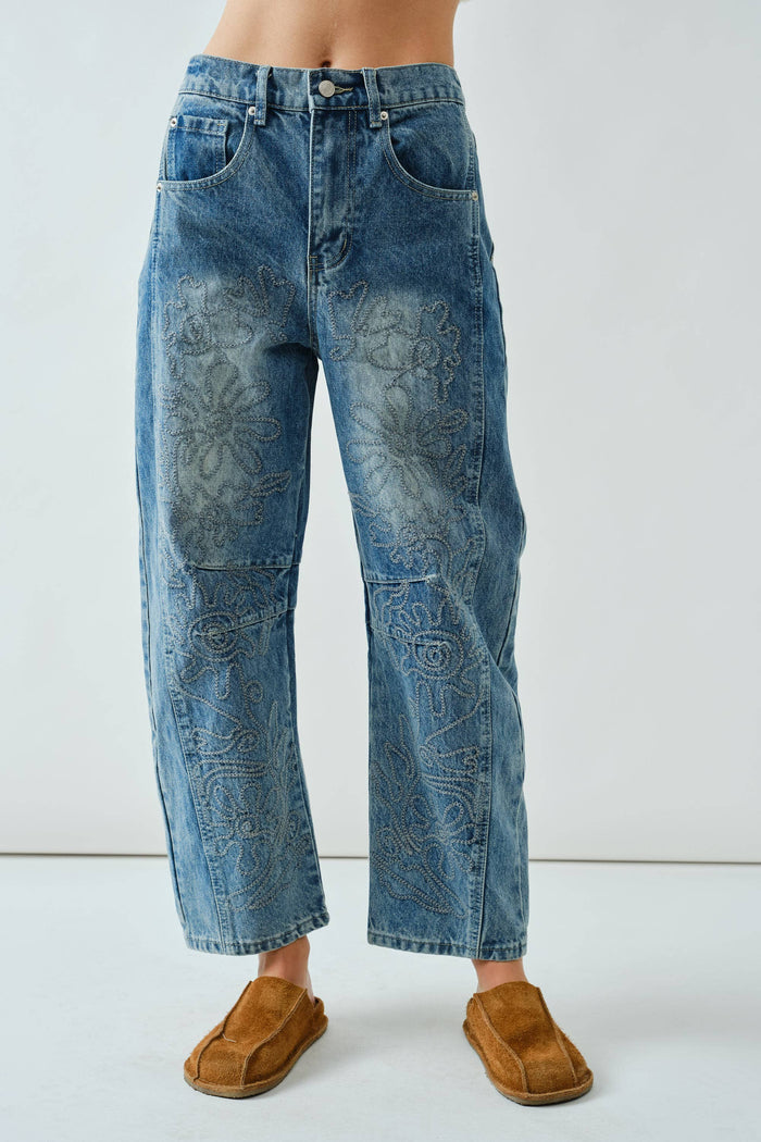 Medium Wash Embroidered Barrel Jeans Jeans Aaron & Amber- Tilden Co.
