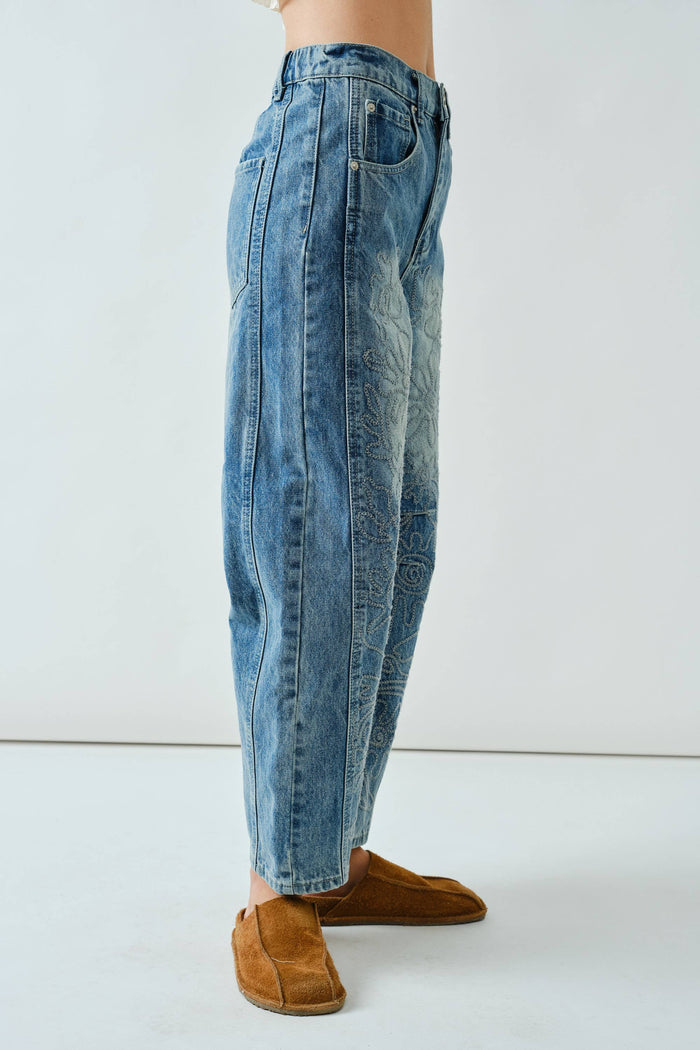 Medium Wash Embroidered Barrel Jeans Jeans Aaron & Amber- Tilden Co.